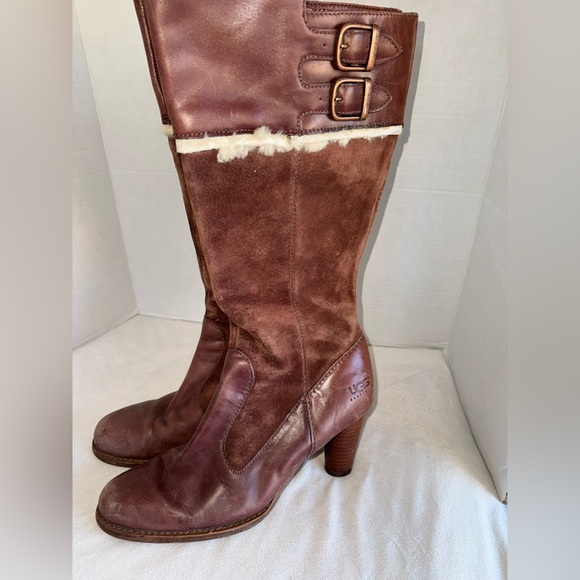 UGG Womens Raya Brown Leather And Suede Tall Heeled Boots Sheepskin Trim Size 9 - Picture 3 of 16